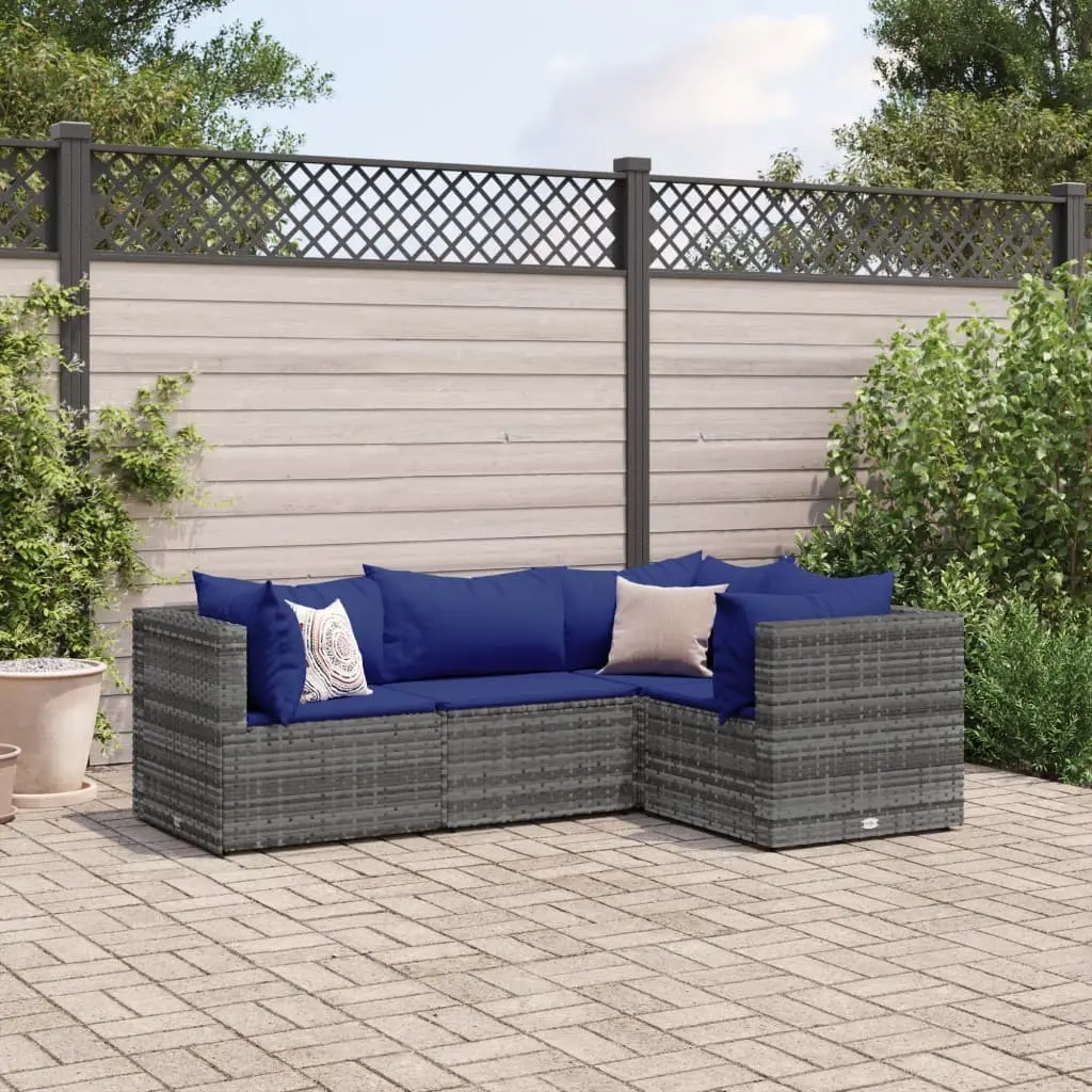 Set Divani da Giardino 4 pz con Cuscini in Polyrattan Grigio