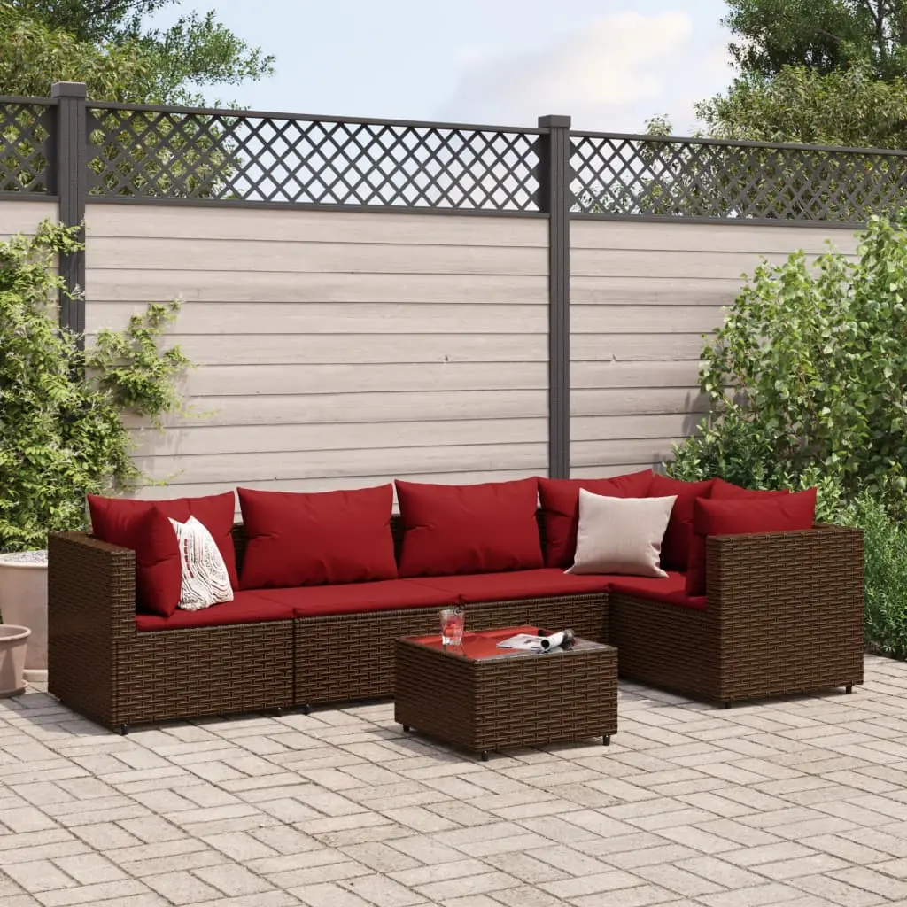 Set Mobili da Giardino 6pz con Cuscini in Polyrattan Marrone