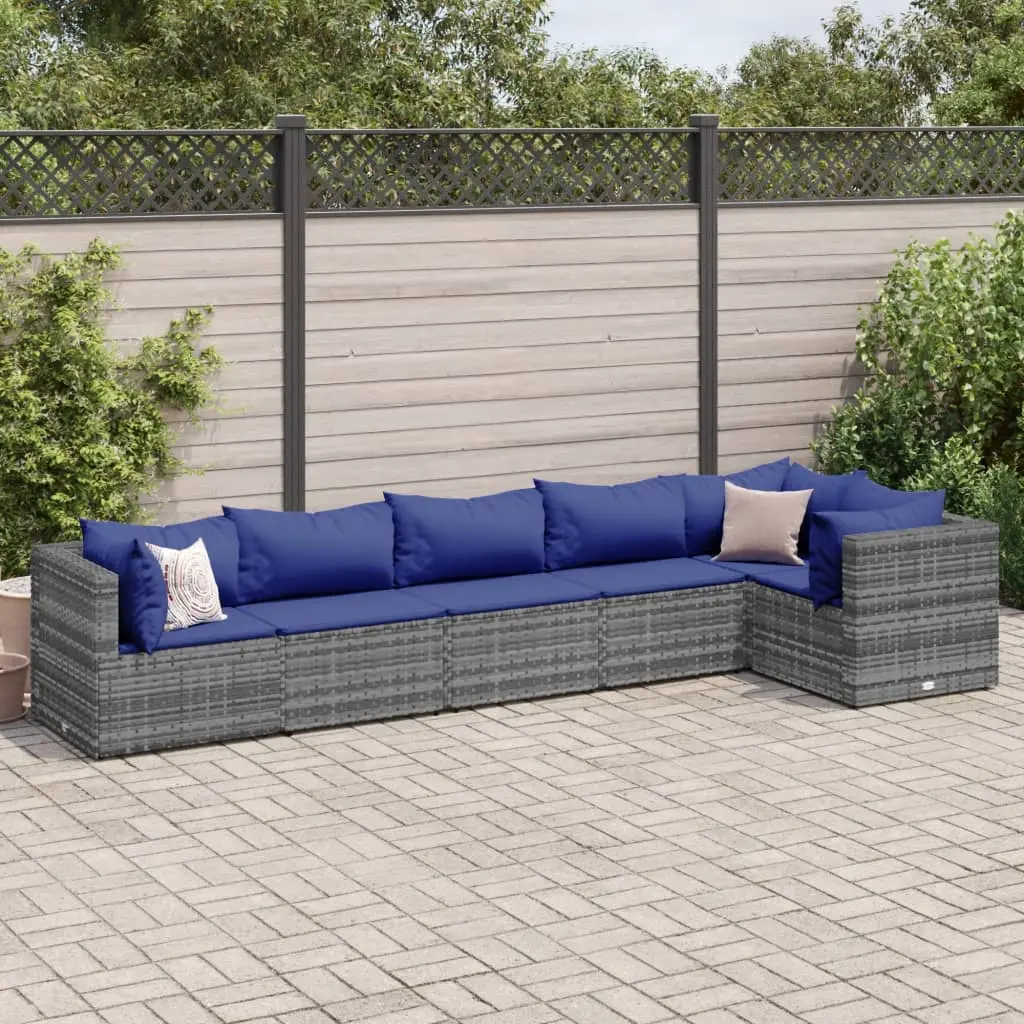 Set Divani da Giardino 6 pz con Cuscini in Polyrattan Grigio