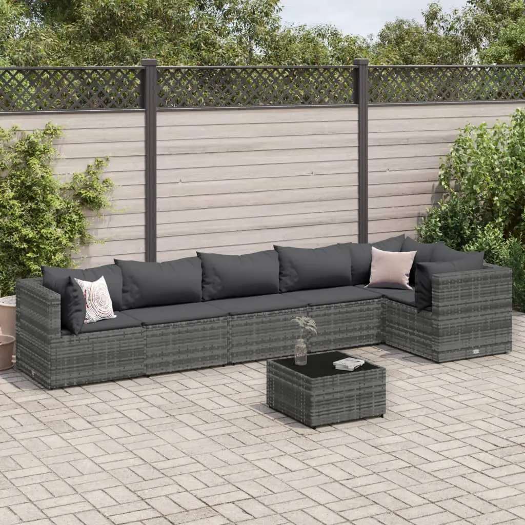 Set Divani da Giardino 7 pz con Cuscini in Polyrattan Grigio