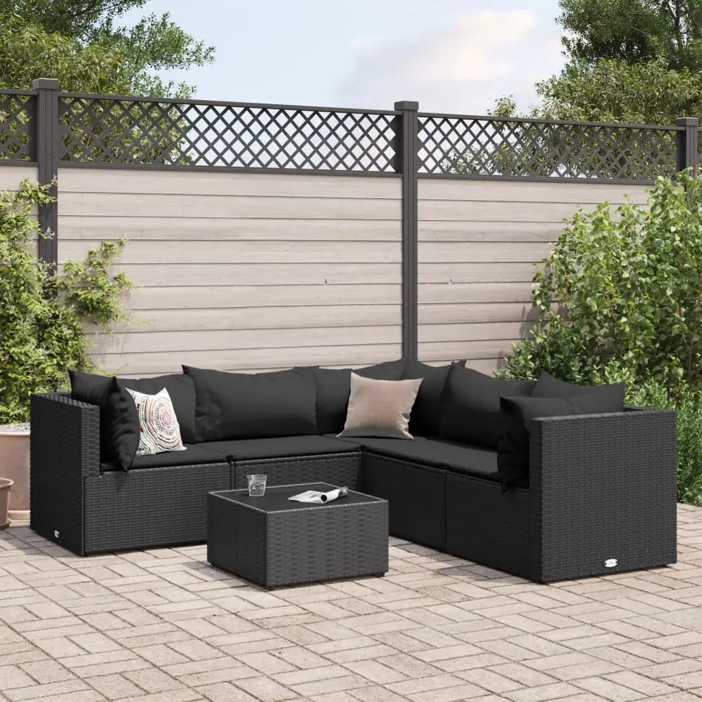 Set Mobili da Giardino 6 pz con Cuscini in Polyrattan Nero