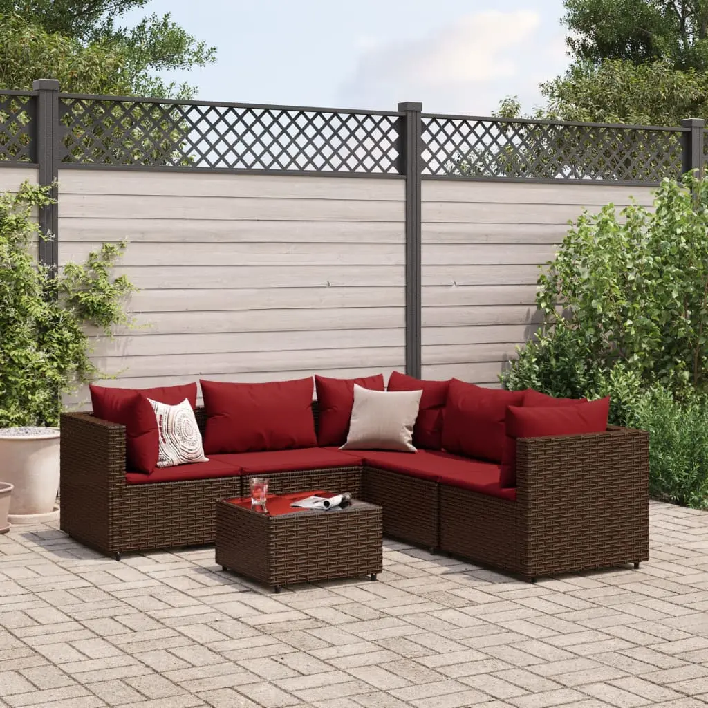 Set Mobili da Giardino 6pz con Cuscini in Polyrattan Marrone