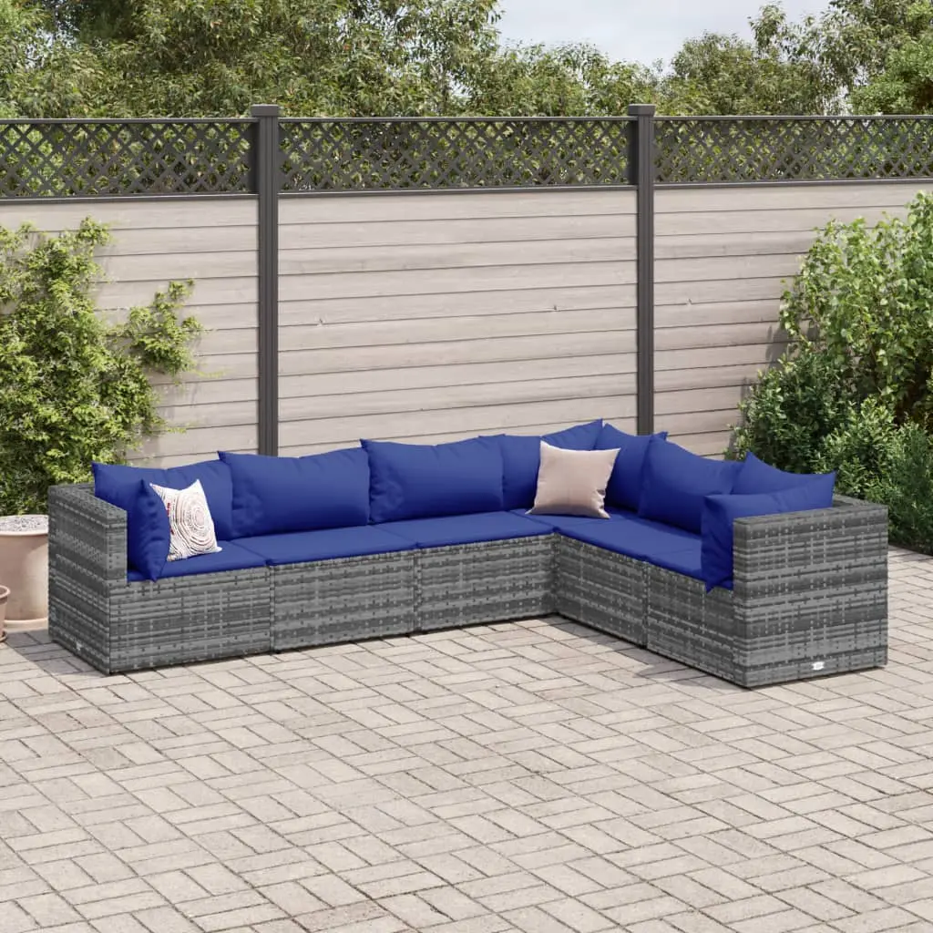 Set Divani da Giardino 6 pz con Cuscini in Polyrattan Grigio