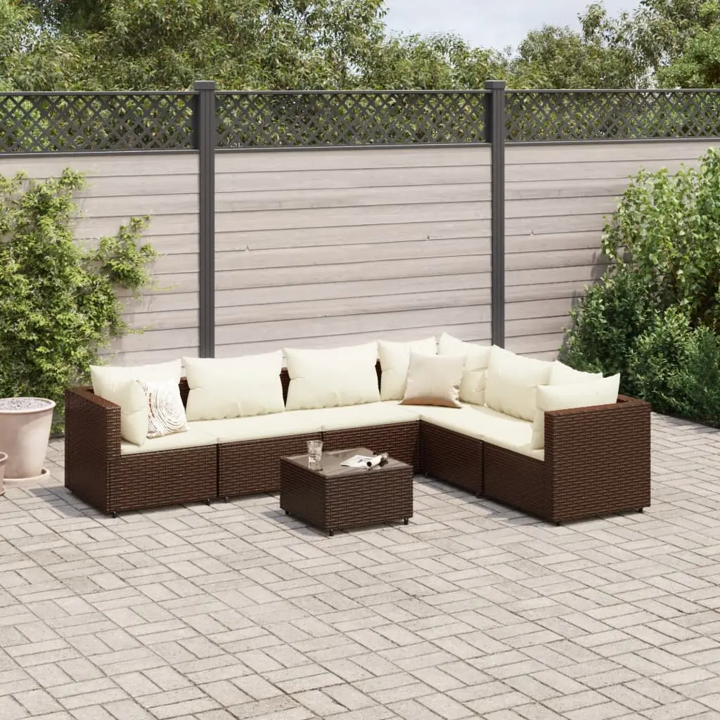 Set Divani da Giardino 7 pz con Cuscini in Polyrattan Marrone