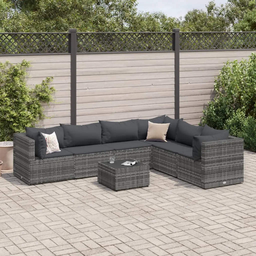 Set Divani da Giardino 7 pz con Cuscini in Polyrattan Grigio