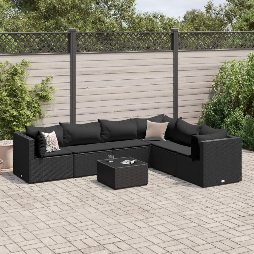 Set Salotto da Giardino con Cuscini 7pz Nero Polyrattan