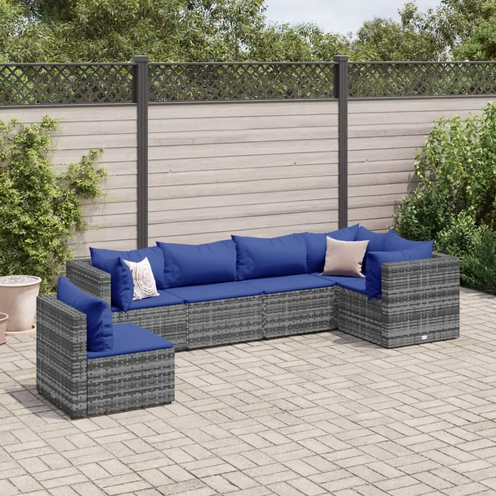 Set Divani da Giardino 6 pz con Cuscini in Polyrattan Grigio