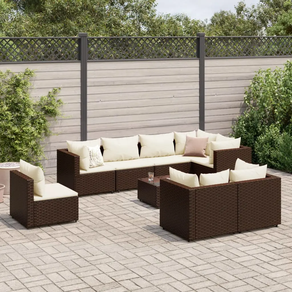 Set Divani da Giardino 9 pz con Cuscini in Polyrattan Marrone