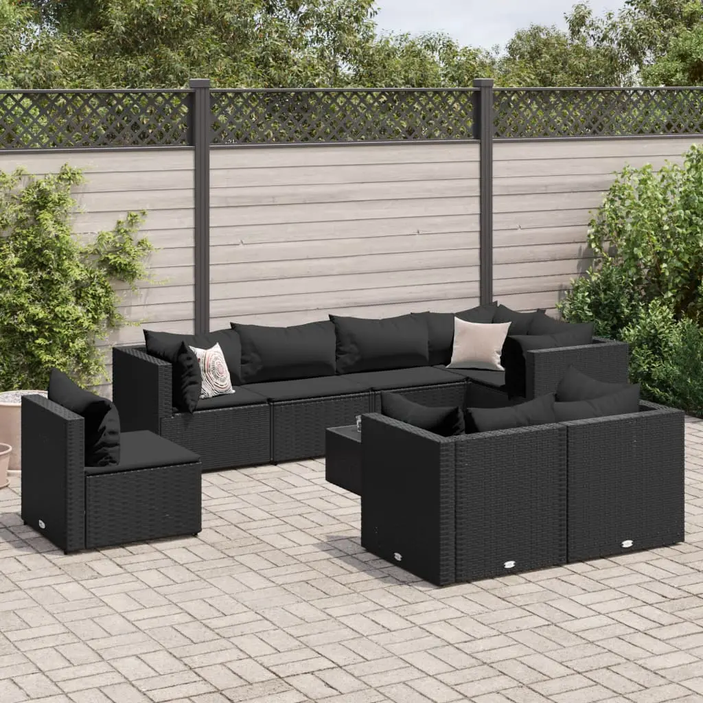 Set Salotto da Giardino con Cuscini 9pz Nero in Polyrattan