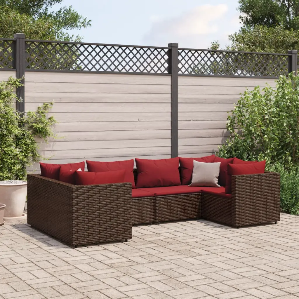 Set Mobili da Giardino 6pz con Cuscini in Polyrattan Marrone