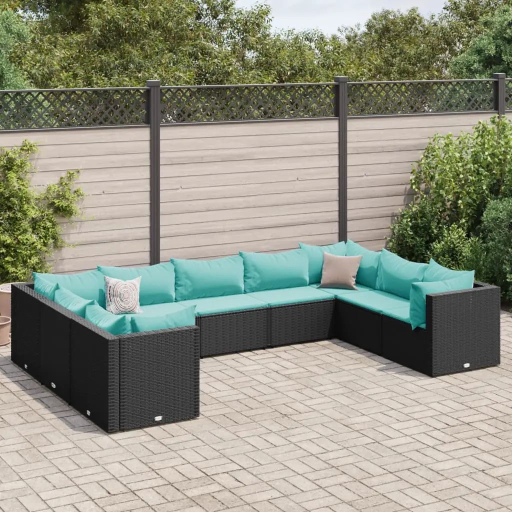 Set Salotto da Giardino con Cuscini 9pz Nero in Polyrattan