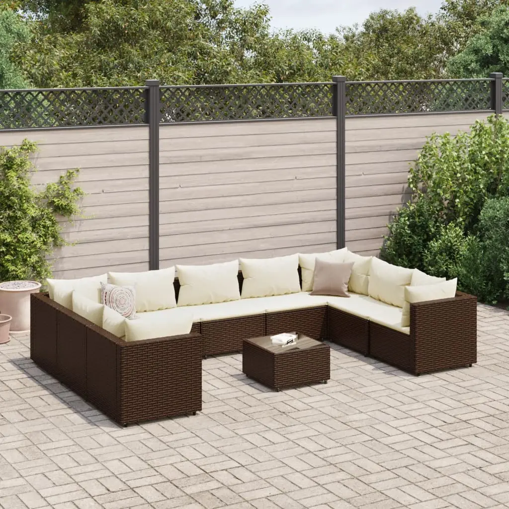 Set Divani da Giardino 10 pz con Cuscini in Polyrattan Marrone