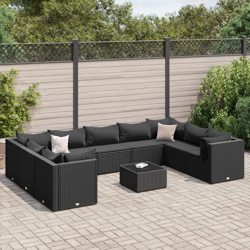 Set Salotto da Giardino 10pz con Cuscini in Polyrattan Nero