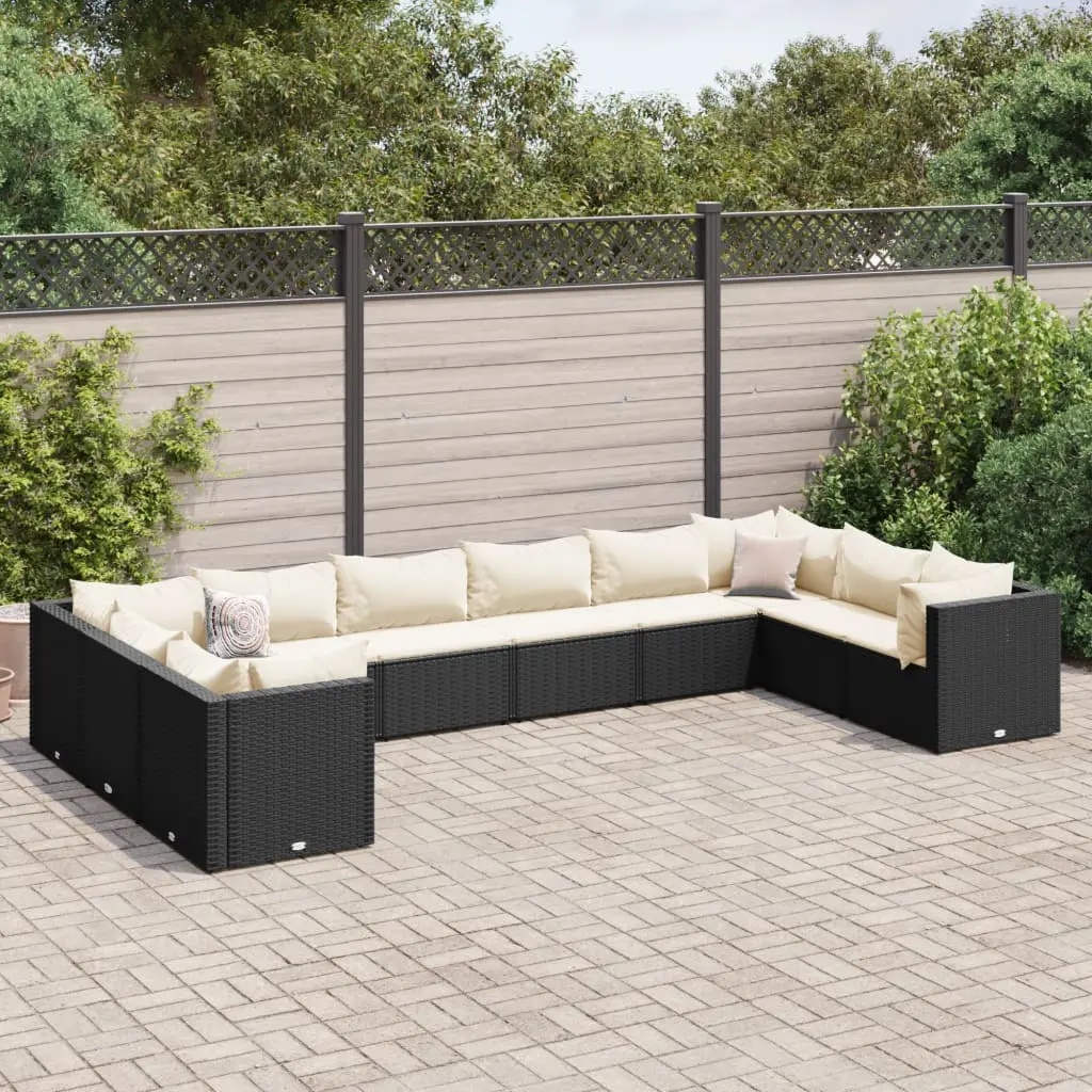 Set Salotto da Giardino 10pz con Cuscini in Polyrattan Nero