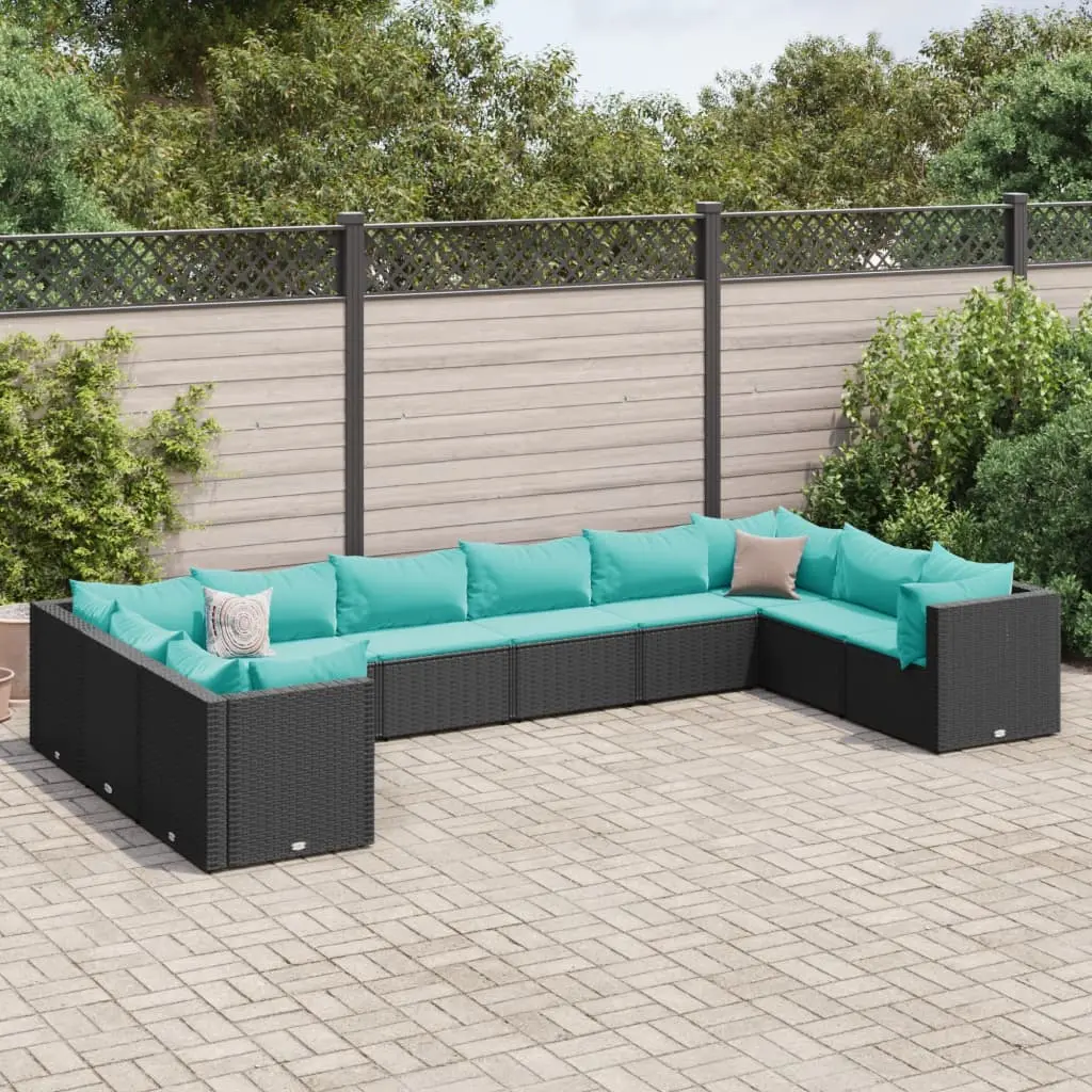 Set Salotto da Giardino 10pz con Cuscini in Polyrattan Nero