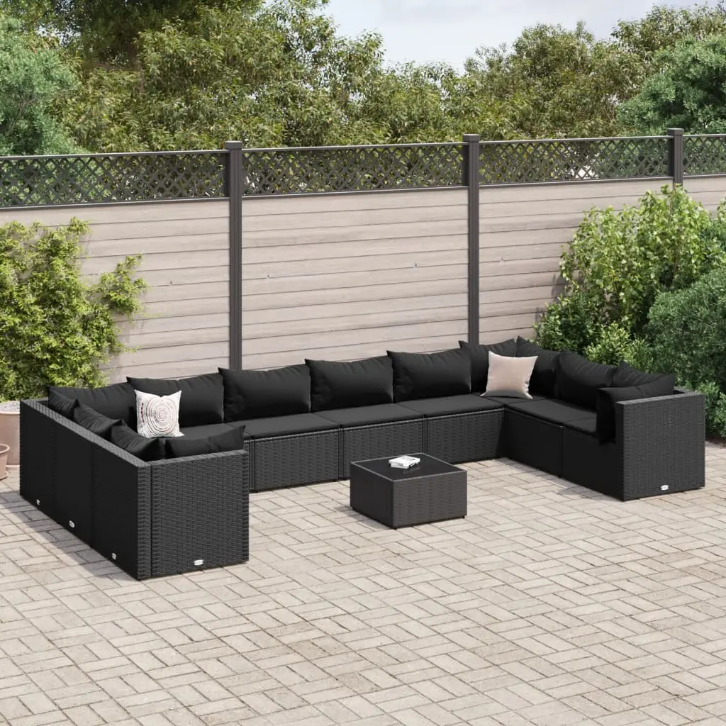 Set Mobili da Giardino 11 pz con Cuscini in Polyrattan Nero