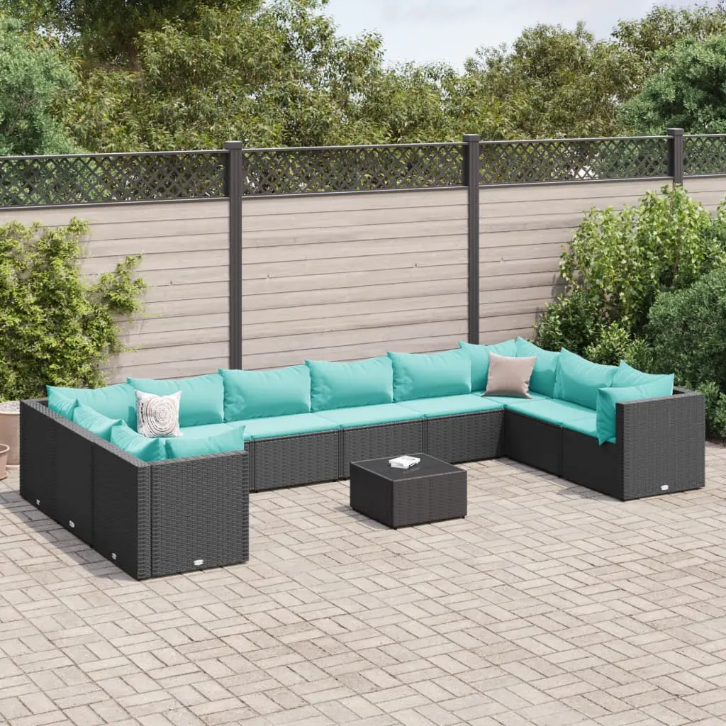 Set Mobili da Giardino 11 pz con Cuscini in Polyrattan Nero