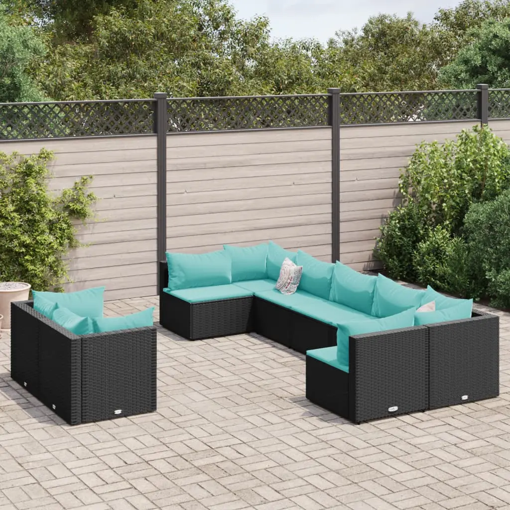 Set Divani da Giardino 9 pz con Cuscini Nero in Polyrattan