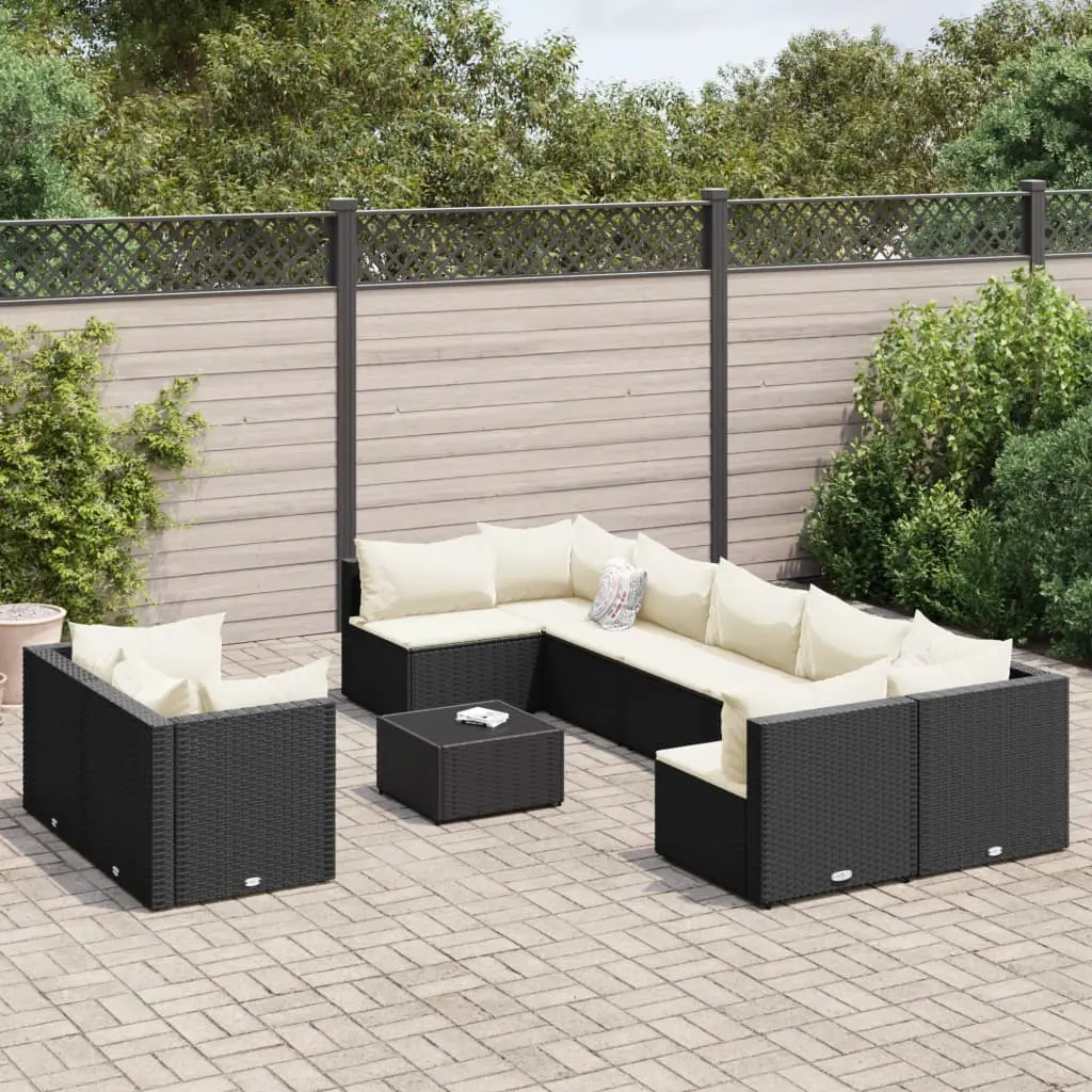 Set Divani da Giardino 10pz con Cuscini in Polyrattan Nero