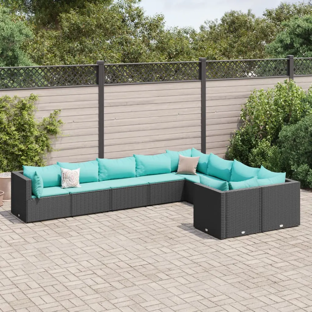 Set Divani da Giardino 9 pz con Cuscini Nero in Polyrattan