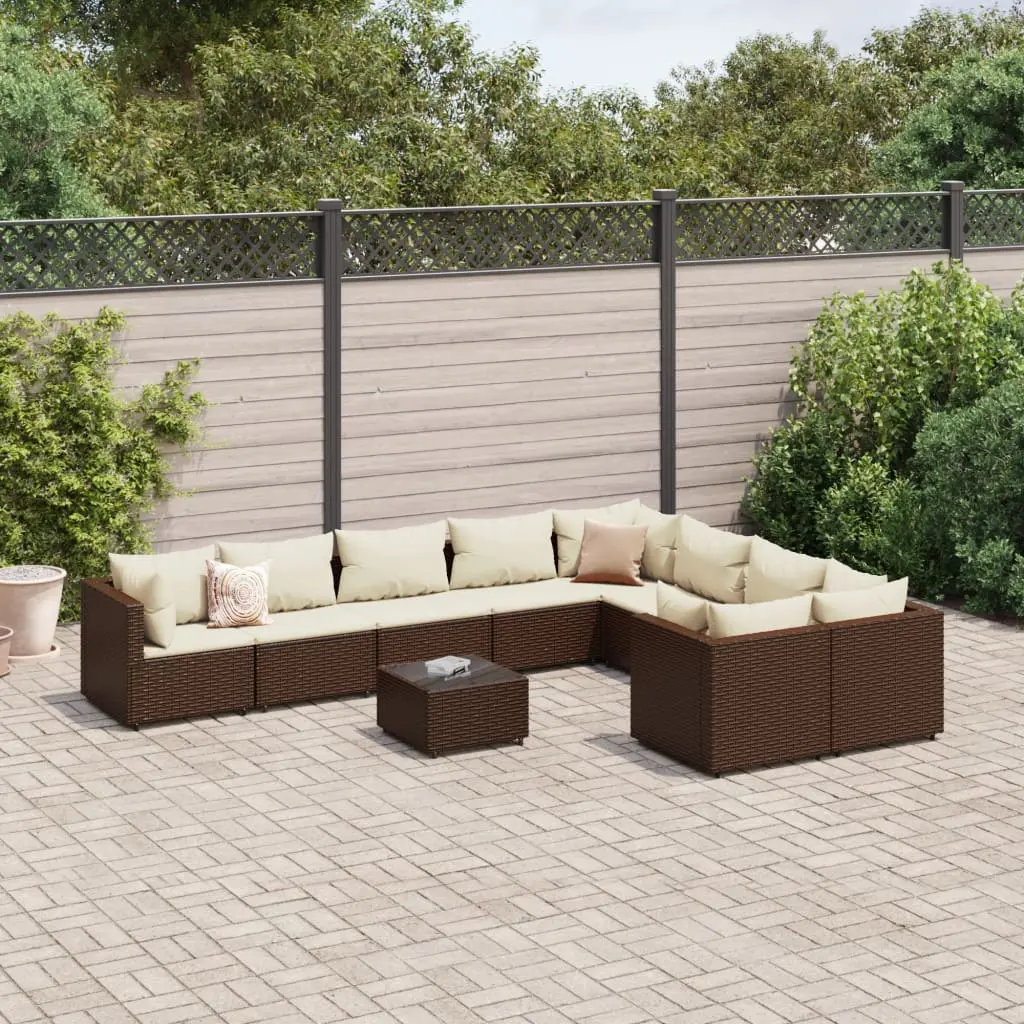 Set Divani da Giardino 10pz con Cuscini in Polyrattan Marrone