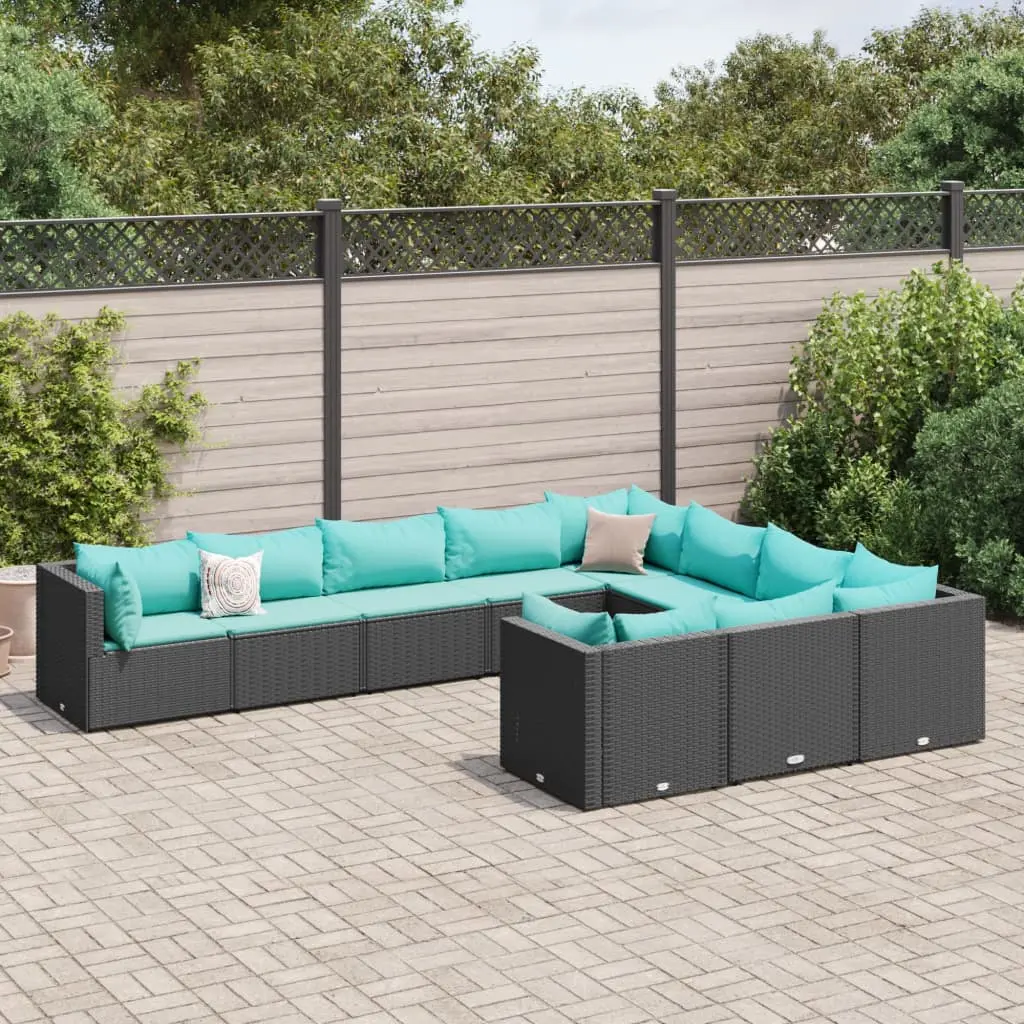 Set Divani da Giardino 10pz con Cuscini in Polyrattan Nero