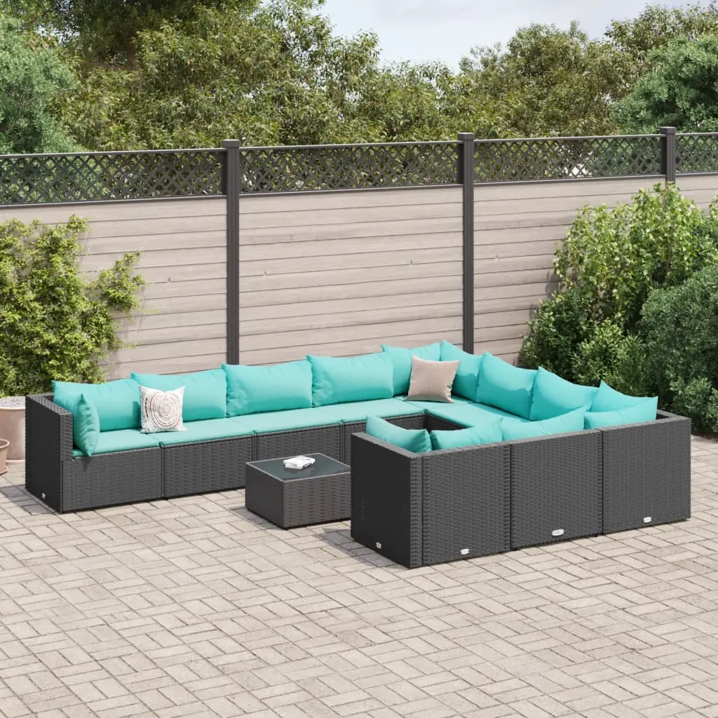 Set Divani da Giardino 11 pz con Cuscini in Polyrattan Nero