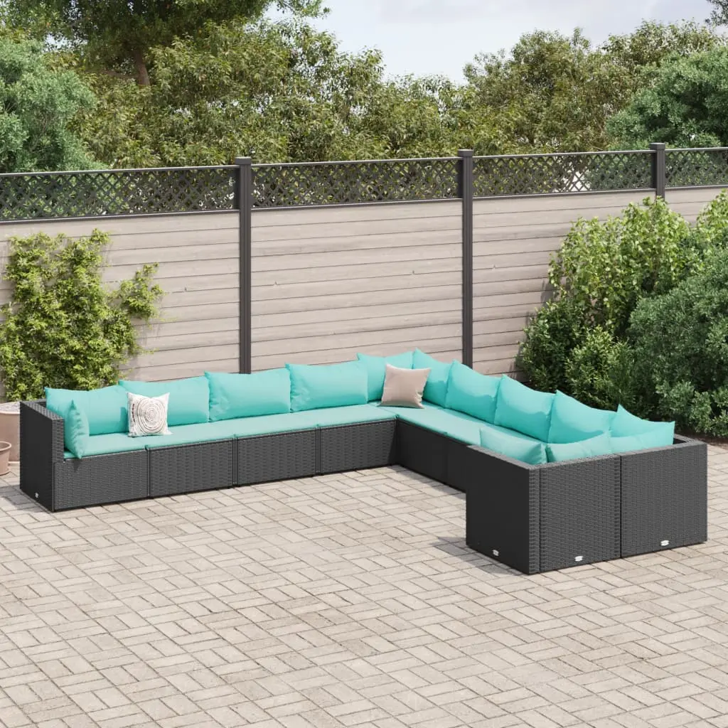 Set Divani da Giardino 10pz con Cuscini in Polyrattan Nero