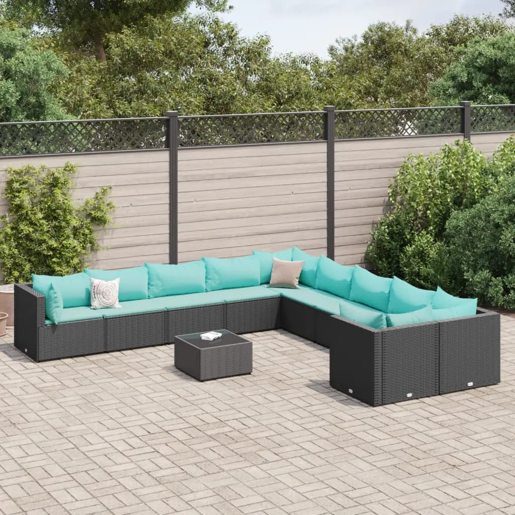 Set Divani da Giardino 11 pz con Cuscini in Polyrattan Nero