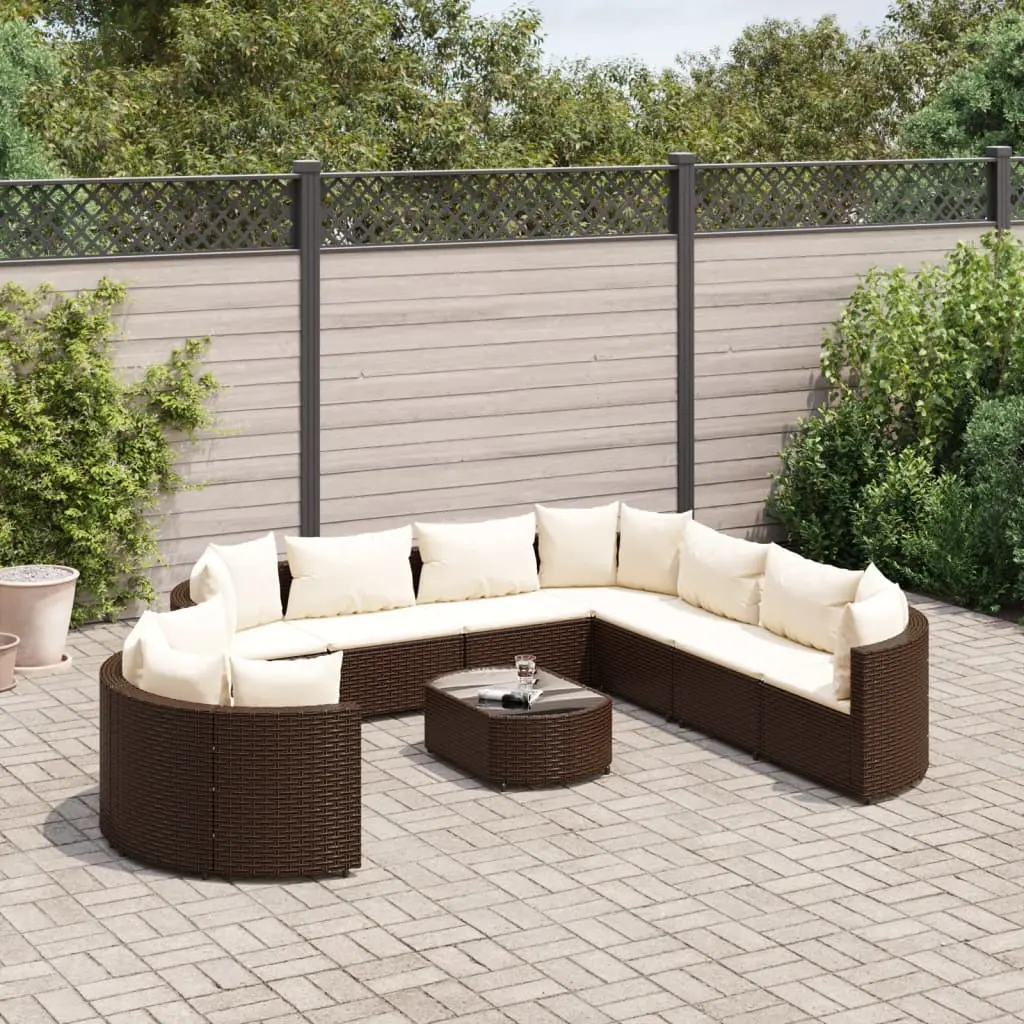 Set Divani da Giardino 10pz con Cuscini in Polyrattan Marrone