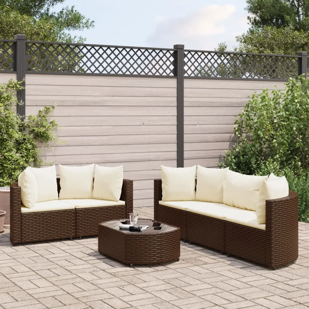 Set Divano da Giardino 6 pz con Cuscini Marrone in Polyrattan