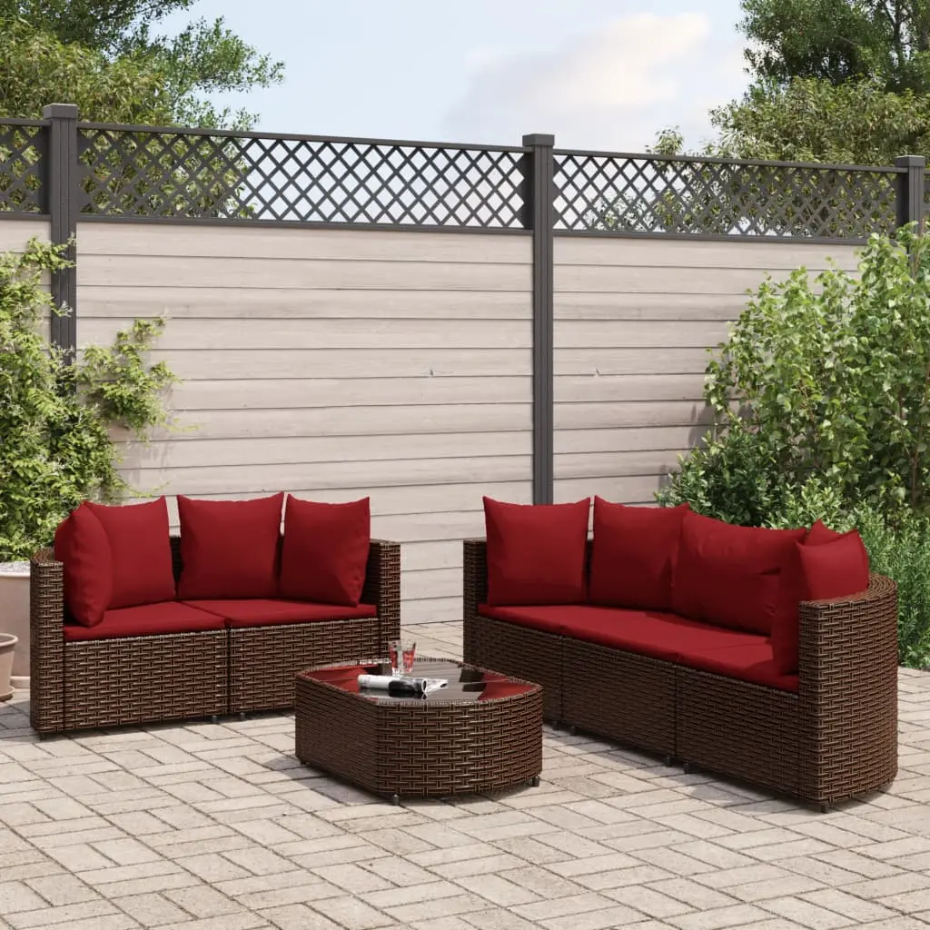 Set Divano da Giardino 6 pz con Cuscini Marrone in Polyrattan