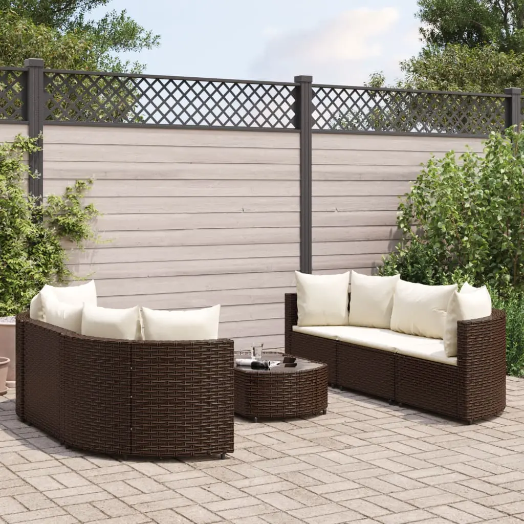 Set Divani da Giardino 7 pz con Cuscini Marrone in Polyrattan