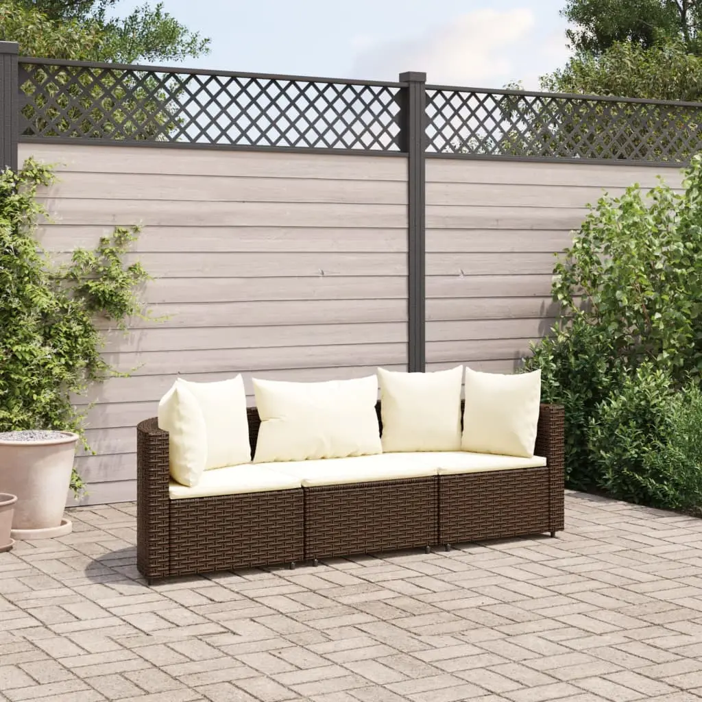 Set Divano da Giardino 3 pz con Cuscini Marrone in Polyrattan