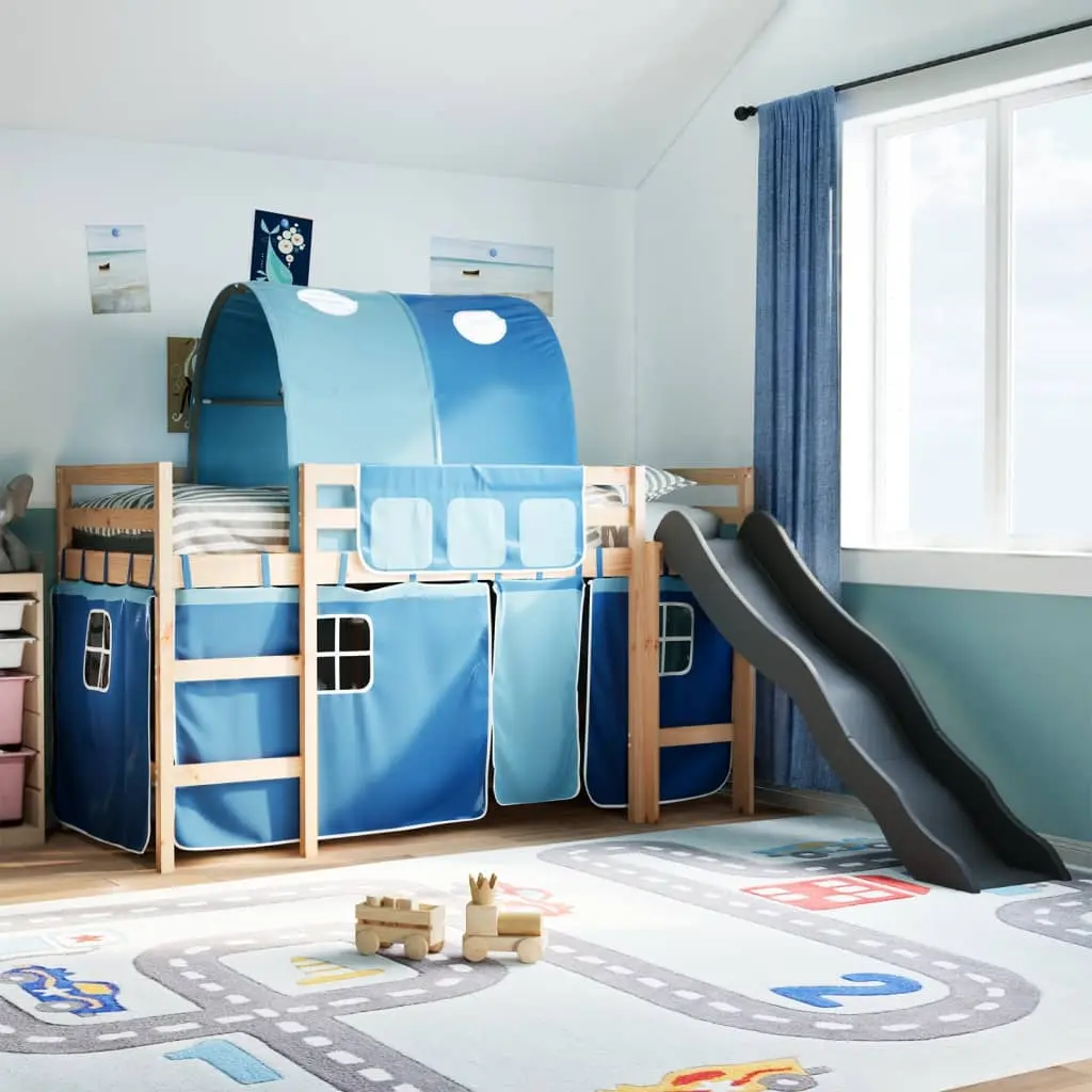 Letto a Soppalco con Tunnel Bambini Blu 80x200cm Massello Pino