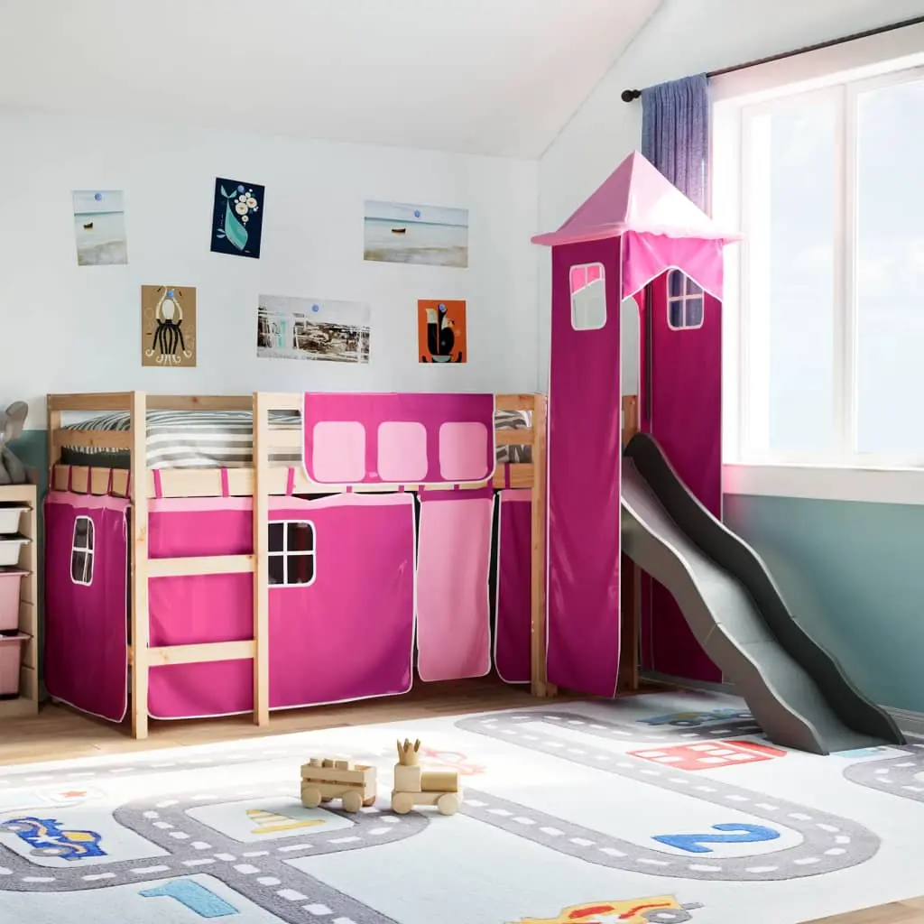 Letto a Soppalco con Torre Bambini Rosa 90x200cm Massello Pino