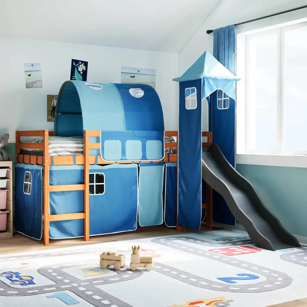 Letto a Soppalco con Torre Bambini Blu 80x200cm Massello Pino