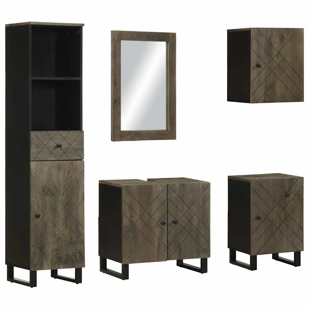 Set Mobili da Bagno 5 pz Nero in Legno Massello di Mango