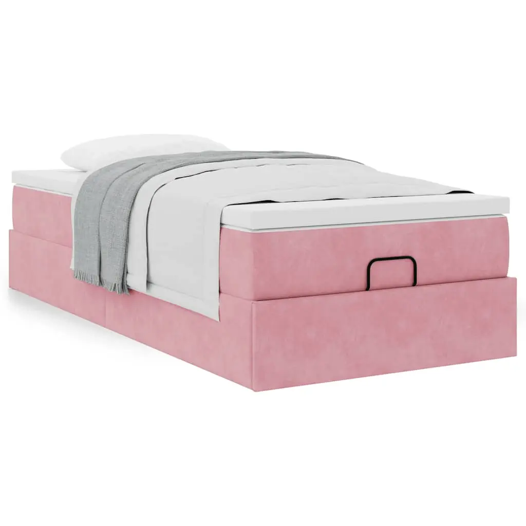 Struttura Letto Pouf con Materasso Rosa 90x200 cm in Velluto