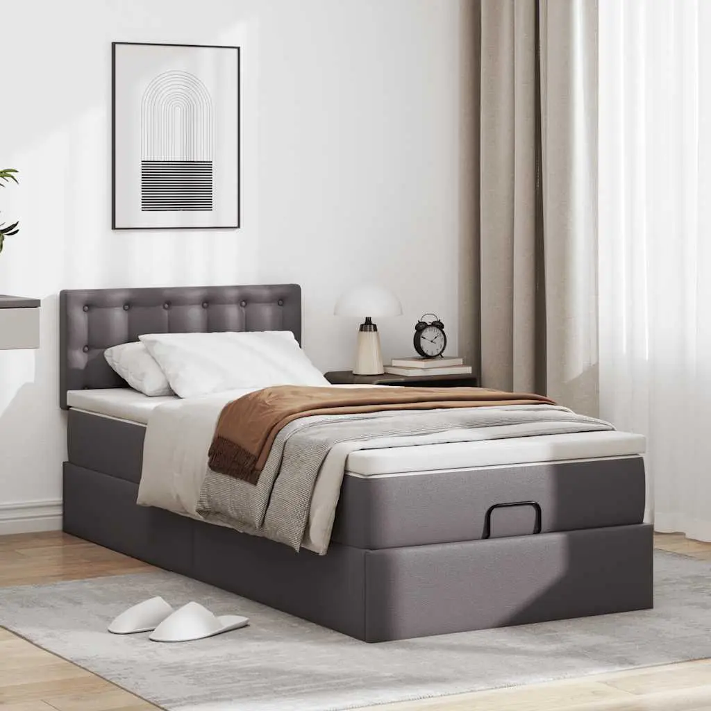 Struttura Letto Pouf con Materasso Grigio 90x190 cm Similpelle