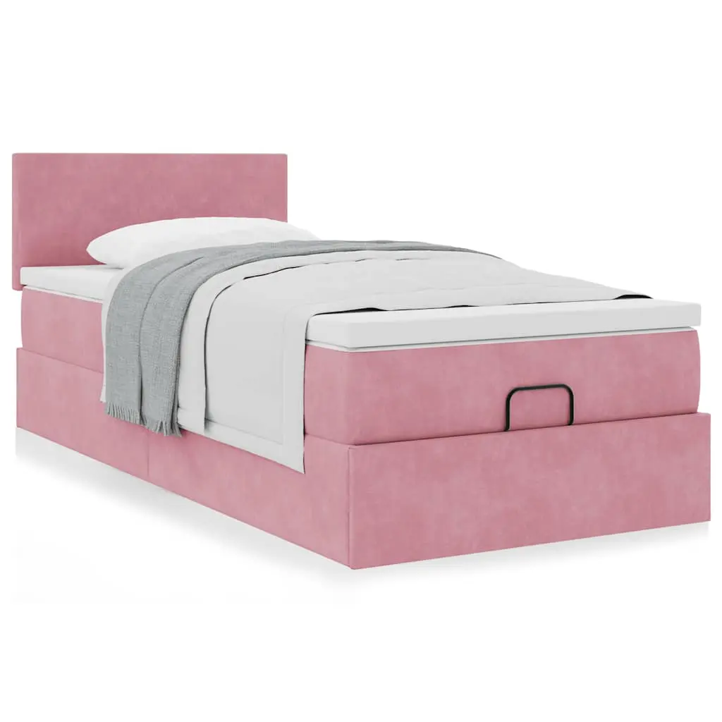 Struttura Letto Pouf con Materasso Rosa 90x200 cm in Velluto