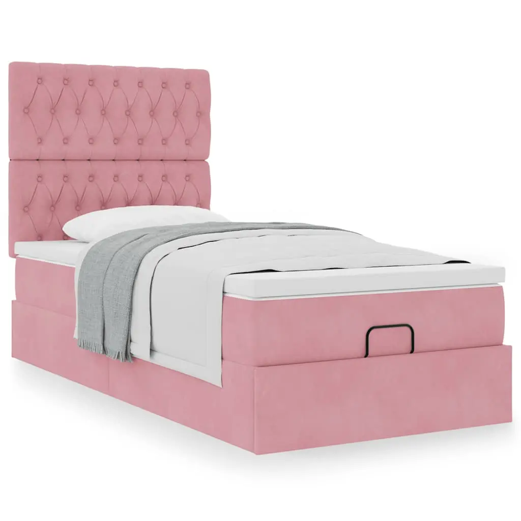 Struttura Letto Pouf con Materassi Rosa 90x200 cm in Velluto