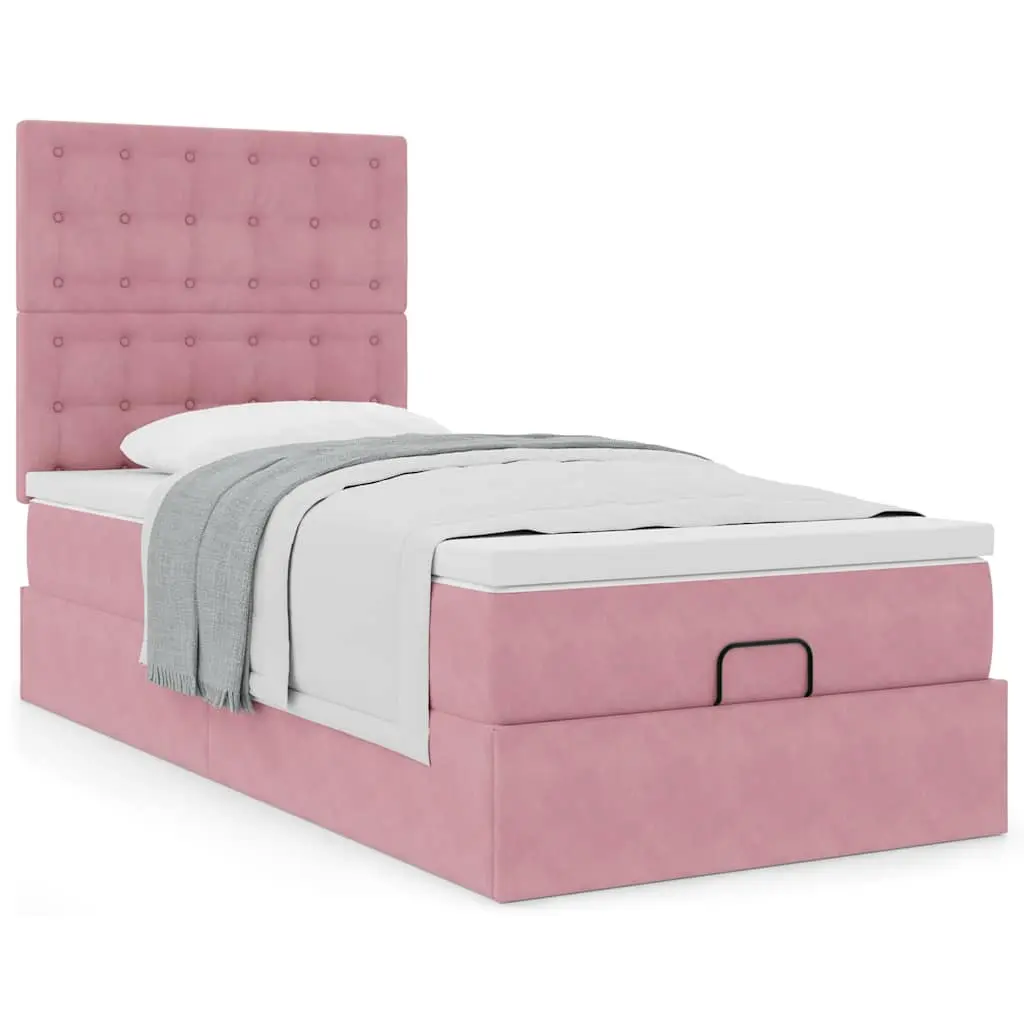 Struttura Letto Pouf con Materassi Rosa 90x200 cm in Velluto