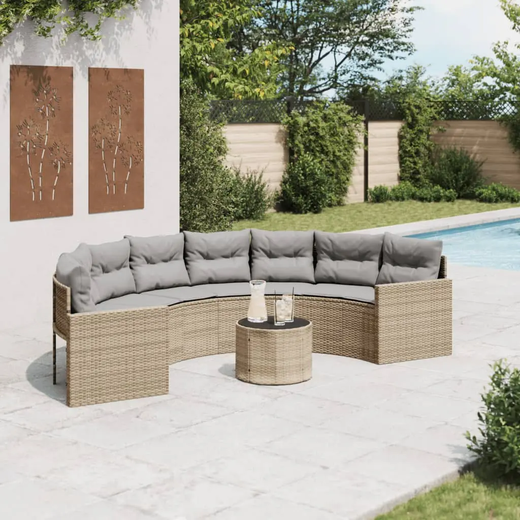 Divano Giardino Tavolo e Cuscini Semicircolare Beige Polyrattan