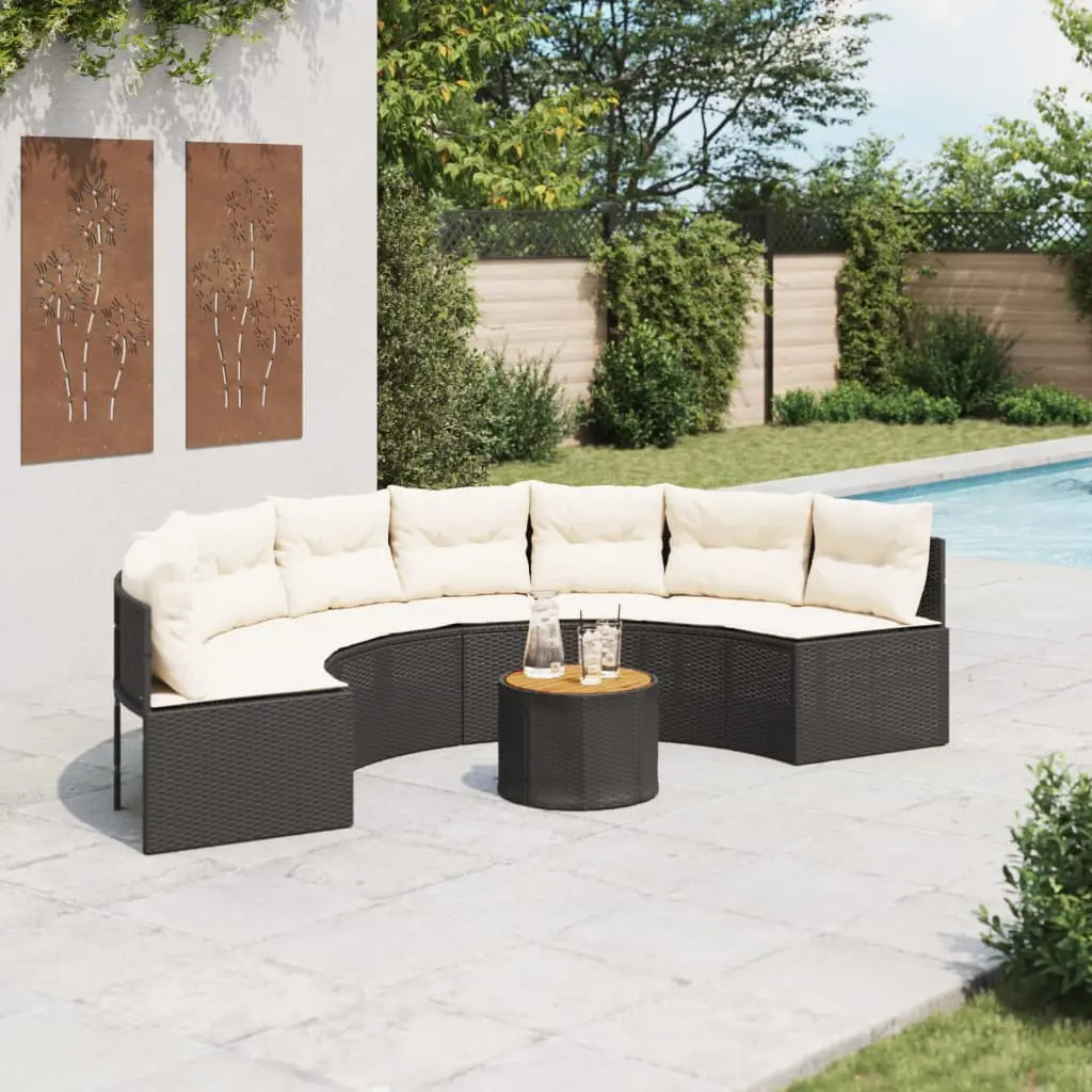 Divano Giardino Tavolo e Cuscini Semicircolare Nero Polyrattan