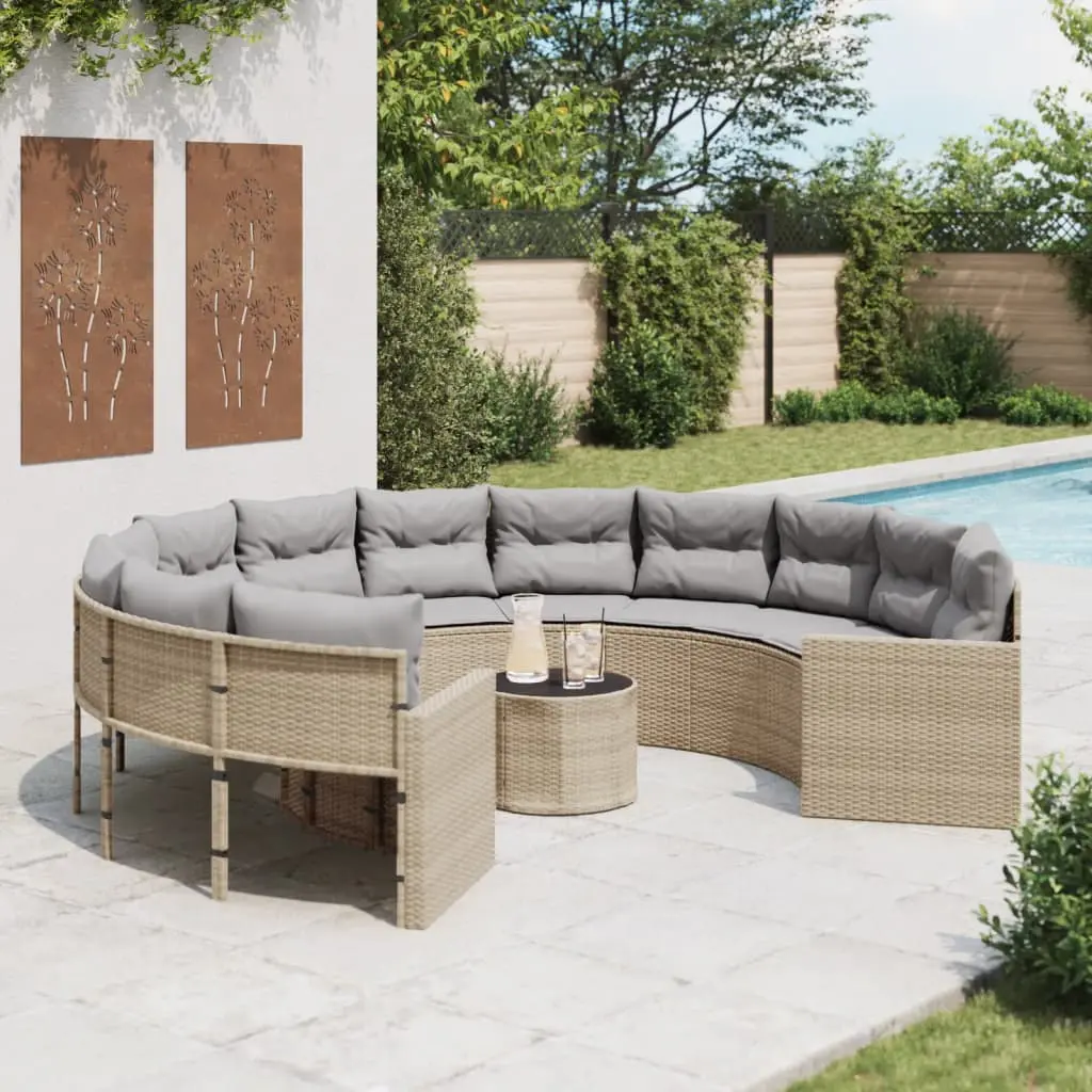 Divano Giardino con Tavolo e Cuscini Circolare Beige Polyrattan