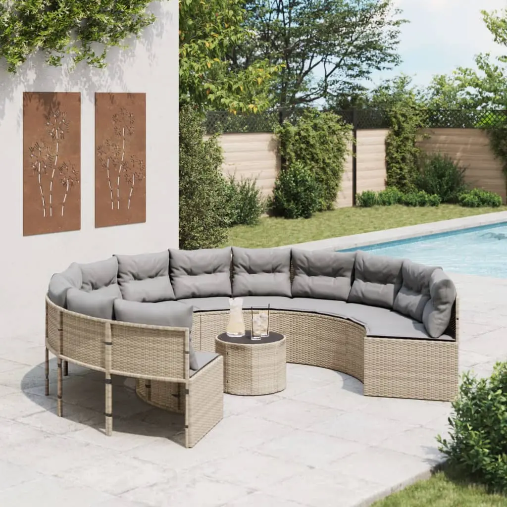 Divano Giardino con Tavolo e Cuscini Circolare Beige Polyrattan