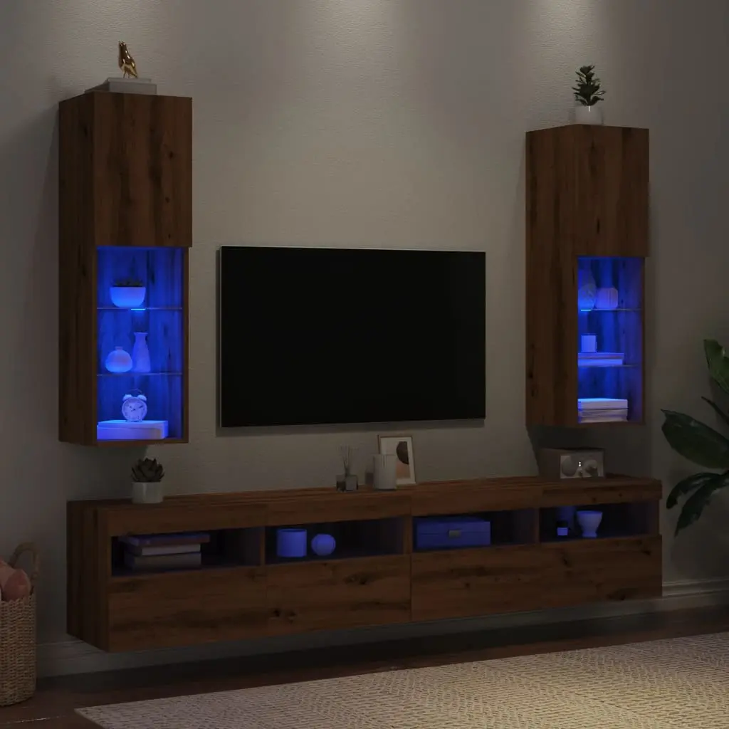 Mobili TV con Luci LED 2 pz Rovere Artigianale 30,5x30x102 cm