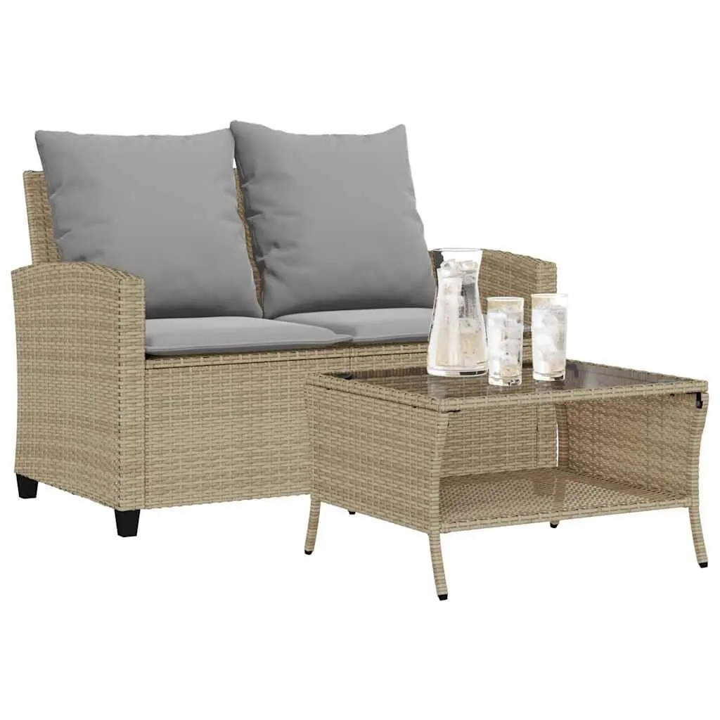 Divano Giardino 2 Posti con Cuscini e Tavolo Beige Polyrattan