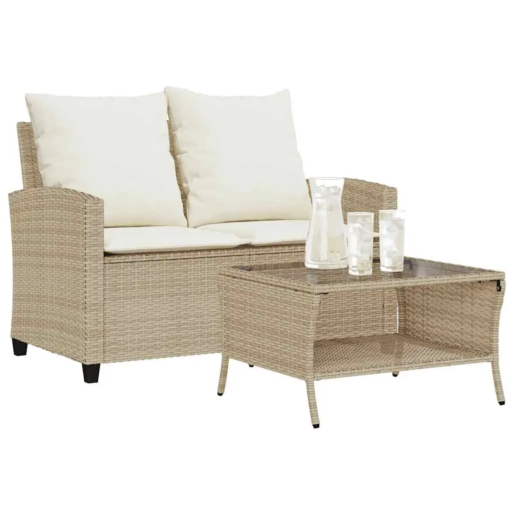 Divano Giardino 2 Posti con Cuscini e Tavolo Beige Polyrattan